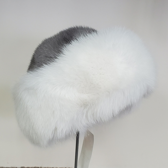 Cerulean Gray Mink Fur and White Shadow Fox Hat - Picture 3 of 3